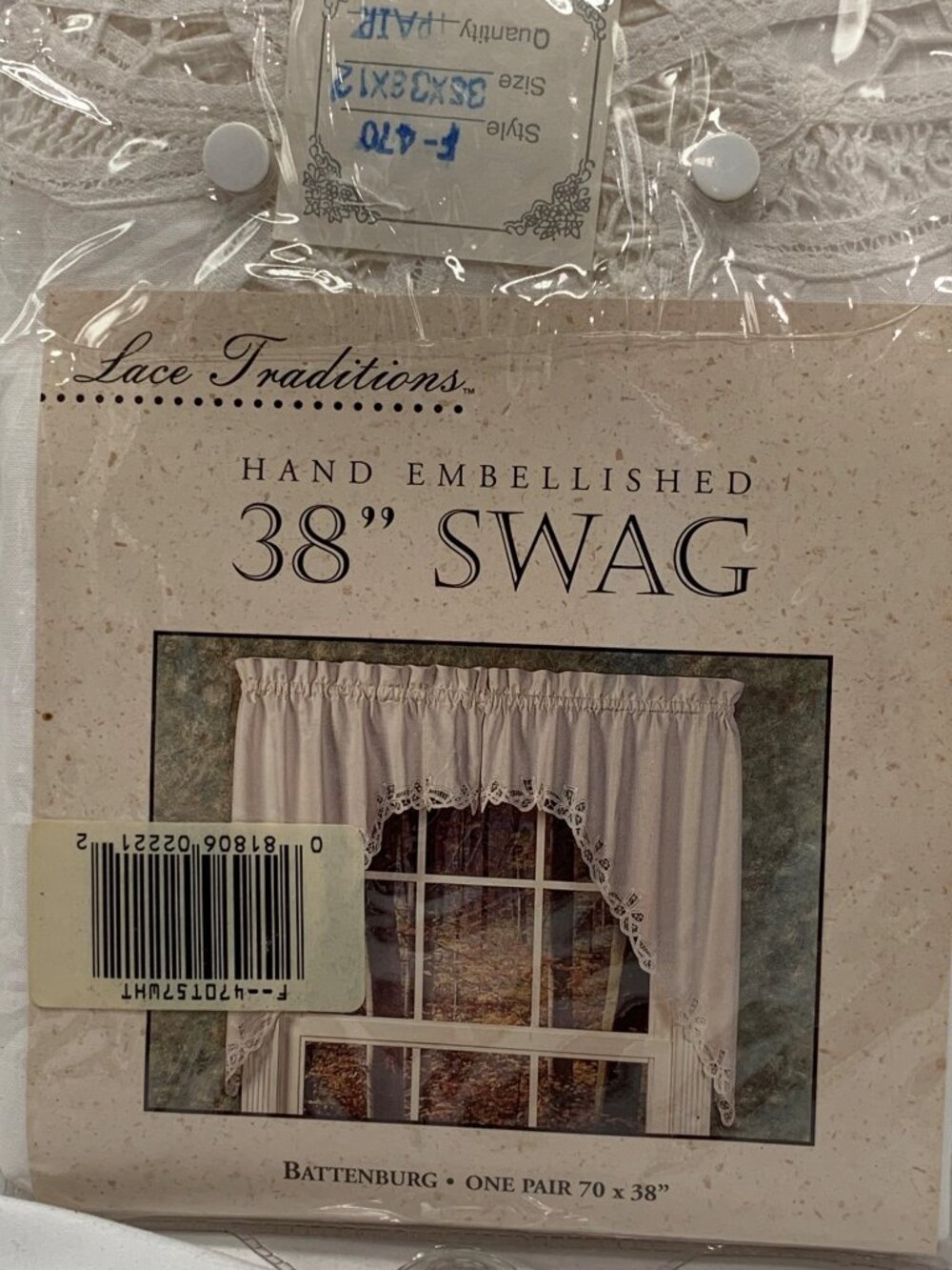 Lace Traditions Hand Embellished 38" Swag Curtain Pair Battenburg 70" X 38"